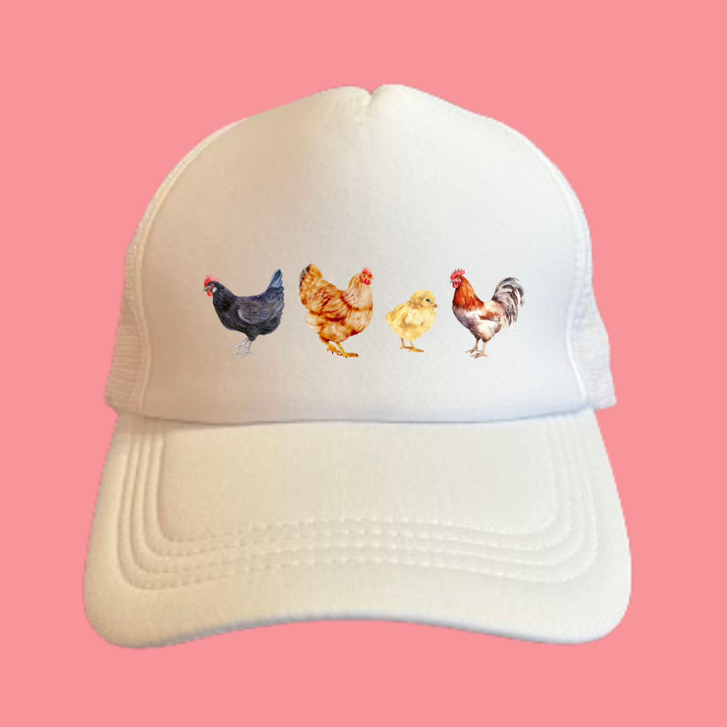 White Trucker Hat with the Image of 4 Types of Chickens on the Front of the Hat