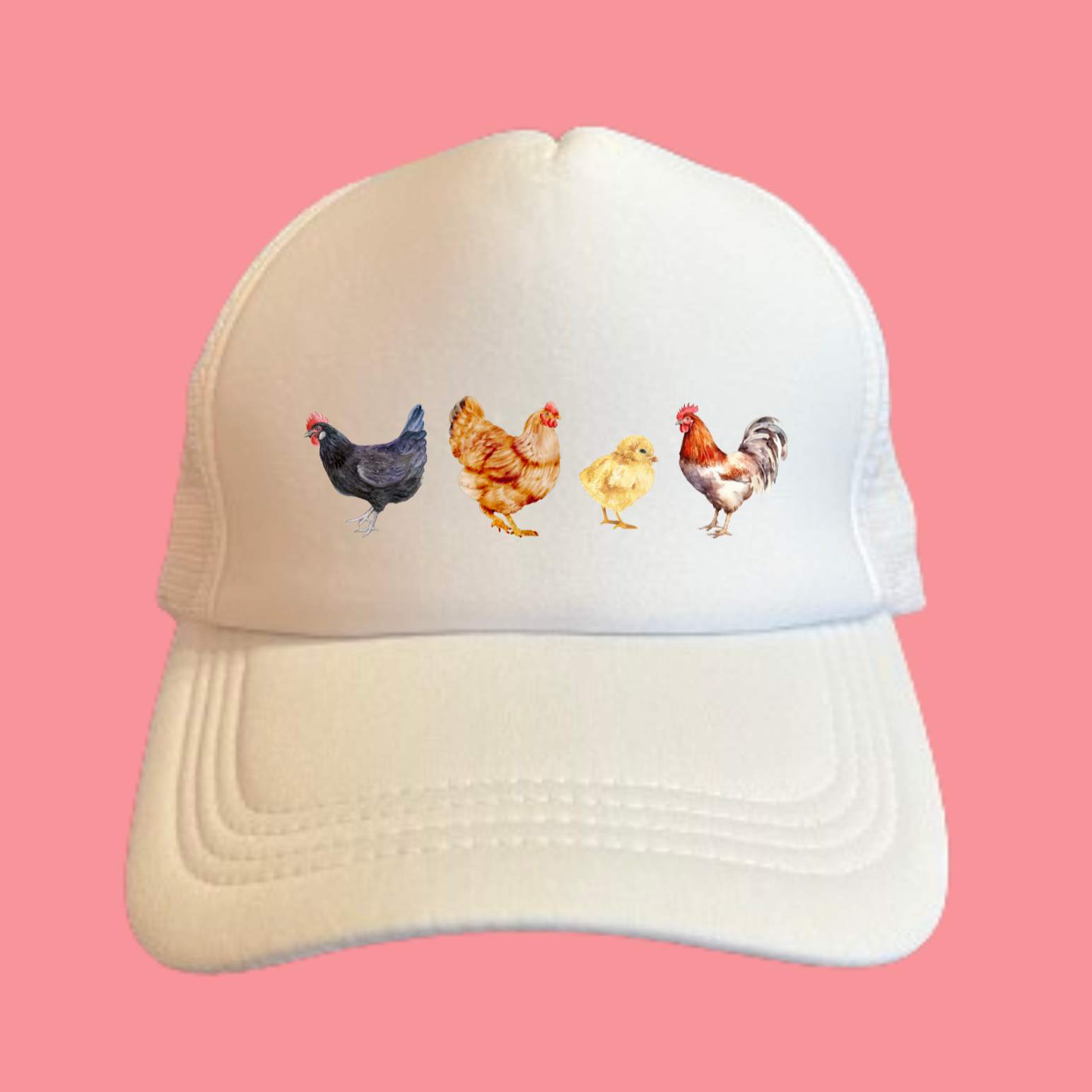 White Trucker Hat with the Image of 4 Types of Chickens on the Front of the Hat