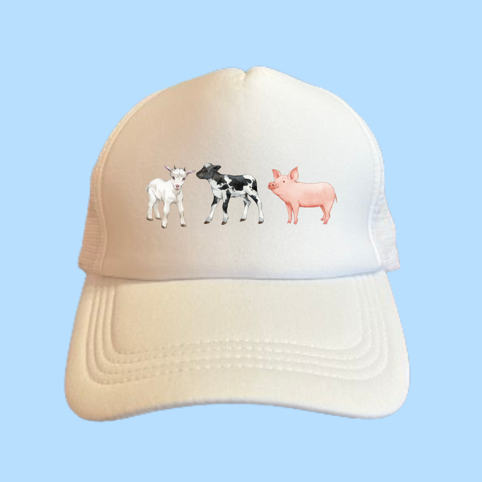 Image is a Close up View of the Farm Animal Lover Print on a White Trucker Hat 