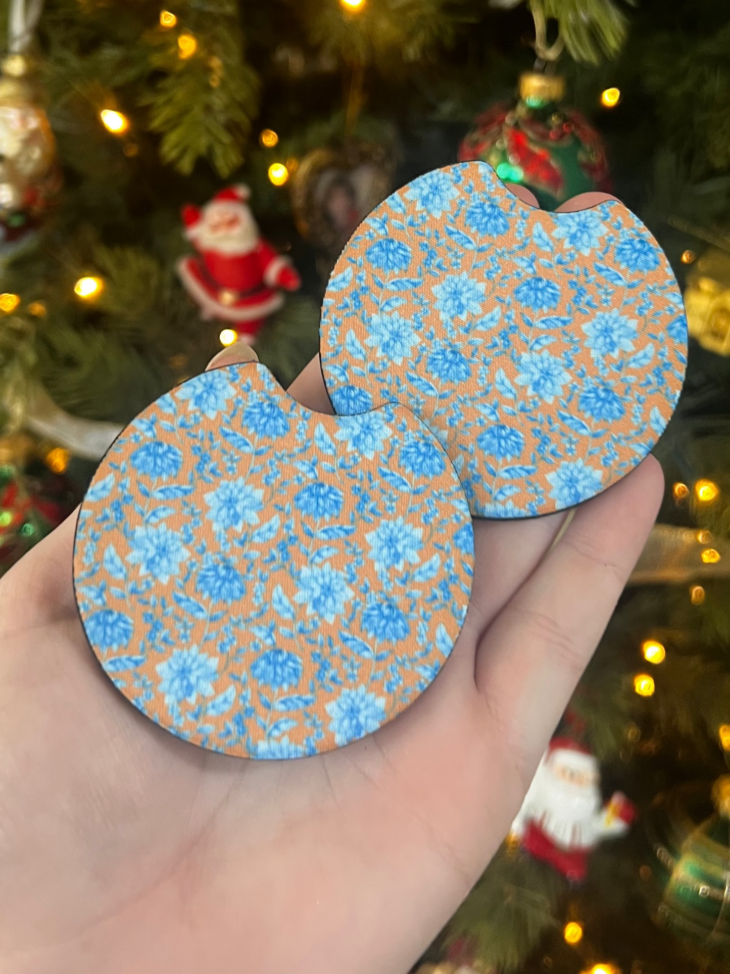 Brown & Blue Floral Car Coasters