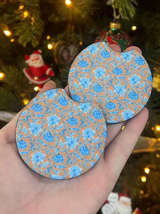 Brown & Blue Floral Car Coasters