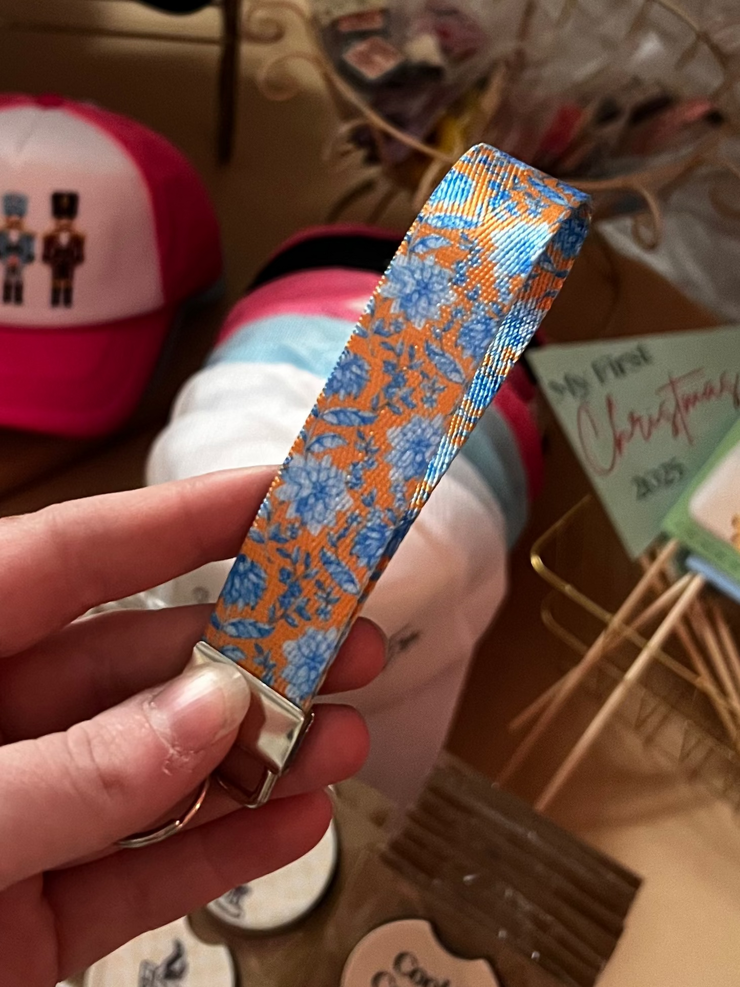 Brown & Blue Floral Wristlet